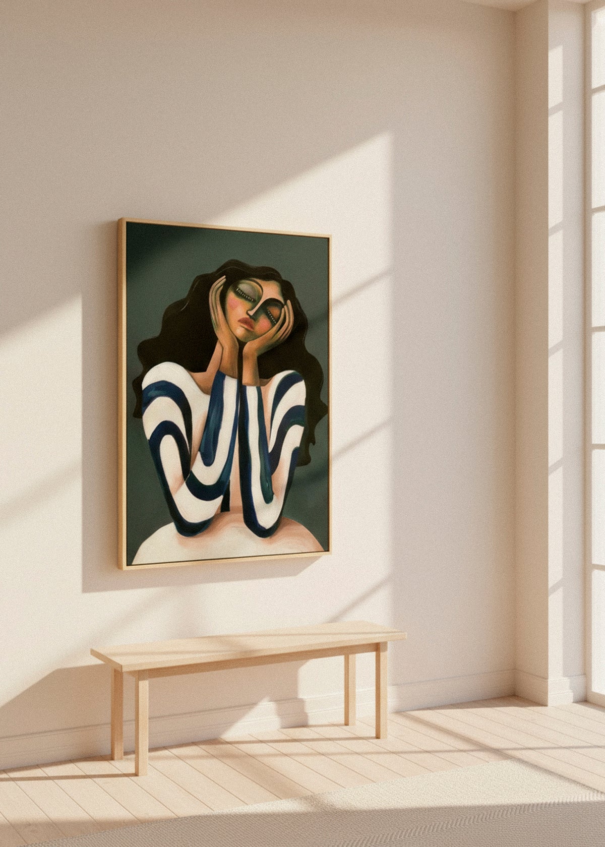 Daisy artwork displayed in a bright minimalist room with wooden bench – stylish canvas wall décor from Hello Poster.