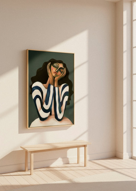 Daisy artwork displayed in a bright minimalist room with wooden bench – stylish canvas wall décor from Hello Poster.