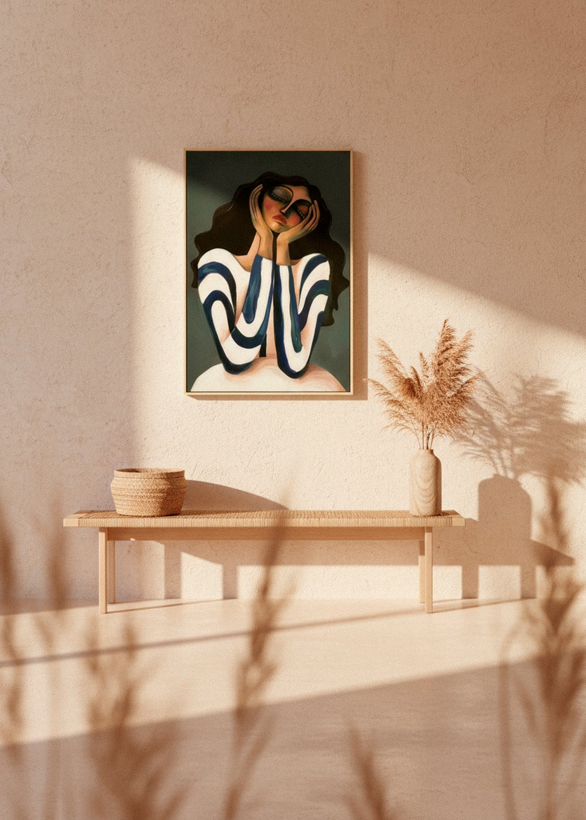 Daisy canvas art styled in a soft boho interior with natural sunlight and woven textures – elegant expressive wall print by Hello Poster.