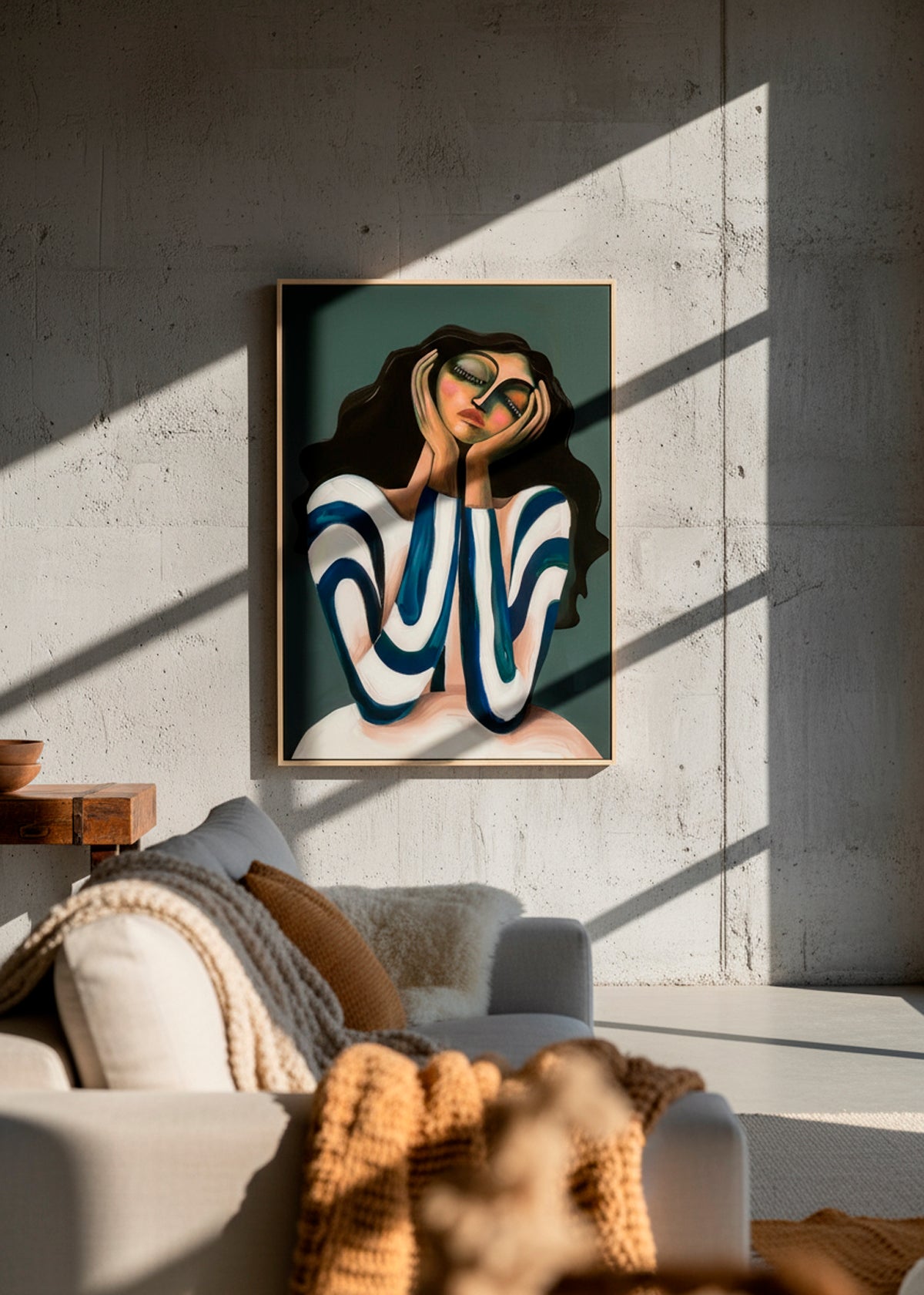 Daisy canvas print hanging in a modern living room with concrete walls and warm sunlight – bold and artistic home décor from Hello Poster.