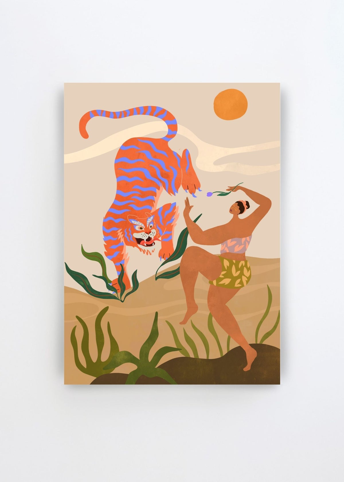 Dance With Me by Arty Guava – colorful art poster featuring a woman dancing beside a large orange and blue tiger.
