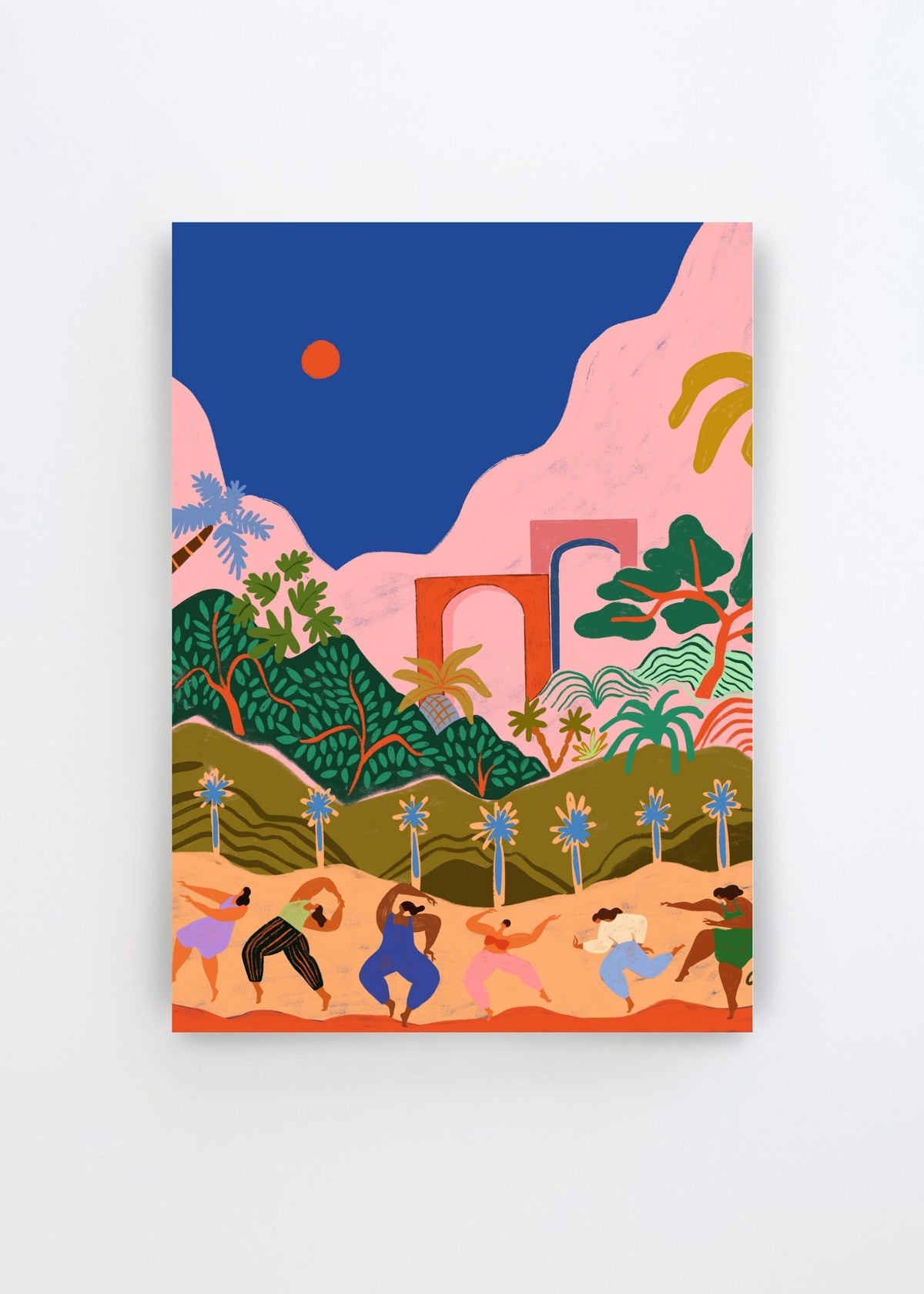 Dancing In Paradise by Arty Guava – vibrant art poster with dancing figures, tropical plants and a colorful paradise landscape.