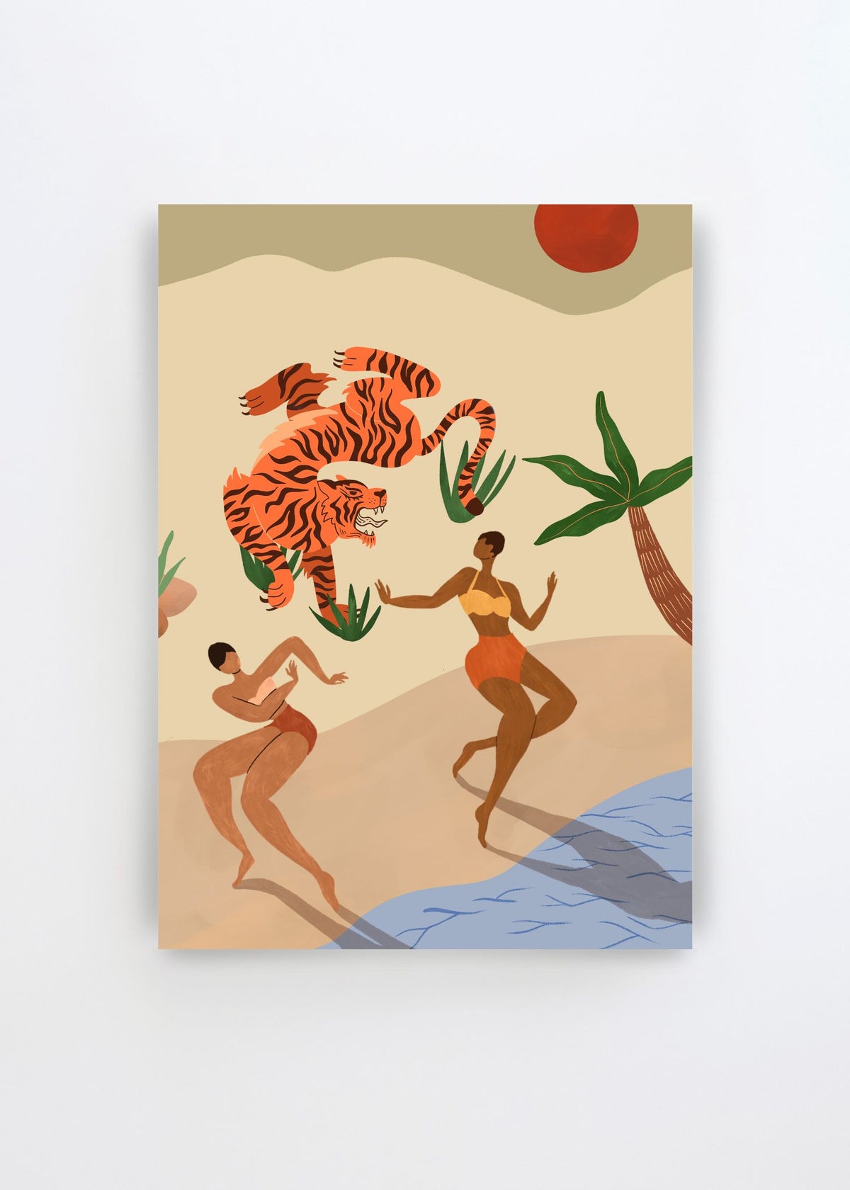 Dancing Tiger by Arty Guava – colorful art poster with two dancing women, a tiger and tropical plants in warm earthy tones.