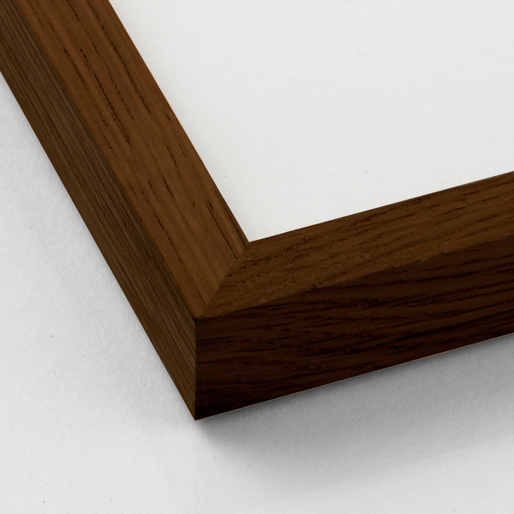 Close-up of dark oak frame corner with smooth stained wood finish – Nordic style.