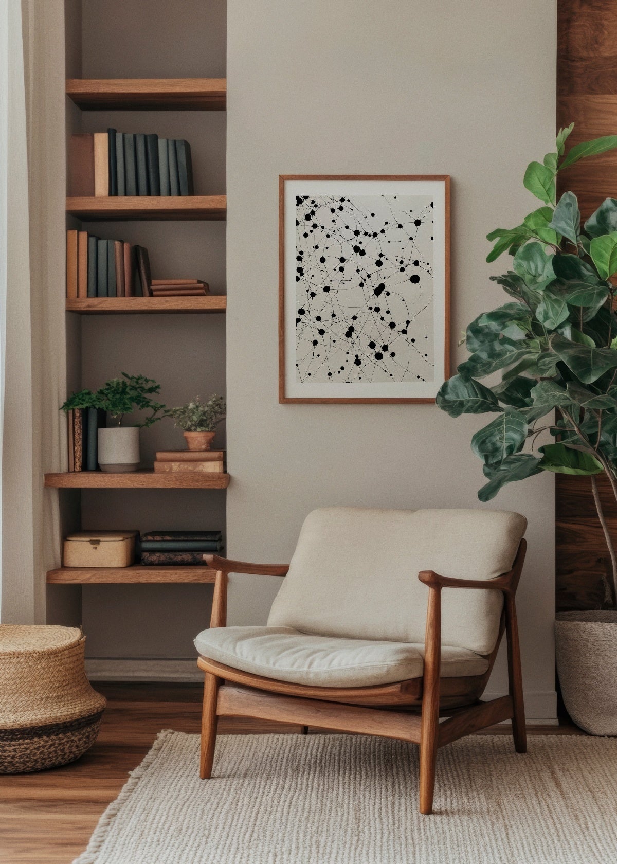 Abstract 'Dots' poster with black dots and connecting lines, framed in a cozy, Scandinavian-inspired reading nook. The minimalist design adds a modern and artistic flair, perfectly complementing natural wood tones and greenery. Ideal for creating a calm yet dynamic atmosphere in Nordic interiors.