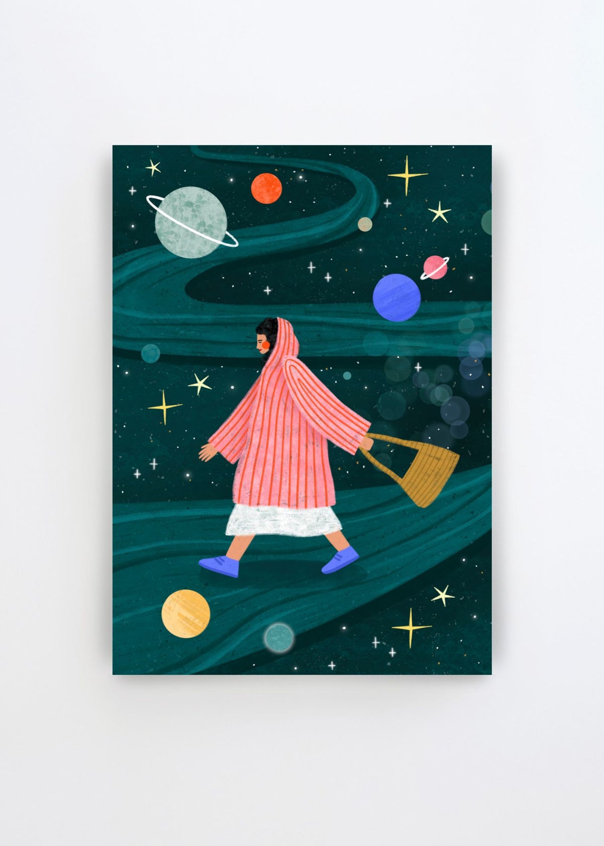Dreamy Space Walk by Bea Müller – whimsical art poster featuring a woman walking through a starry universe with colorful planets, stars and flowing cosmic shapes.