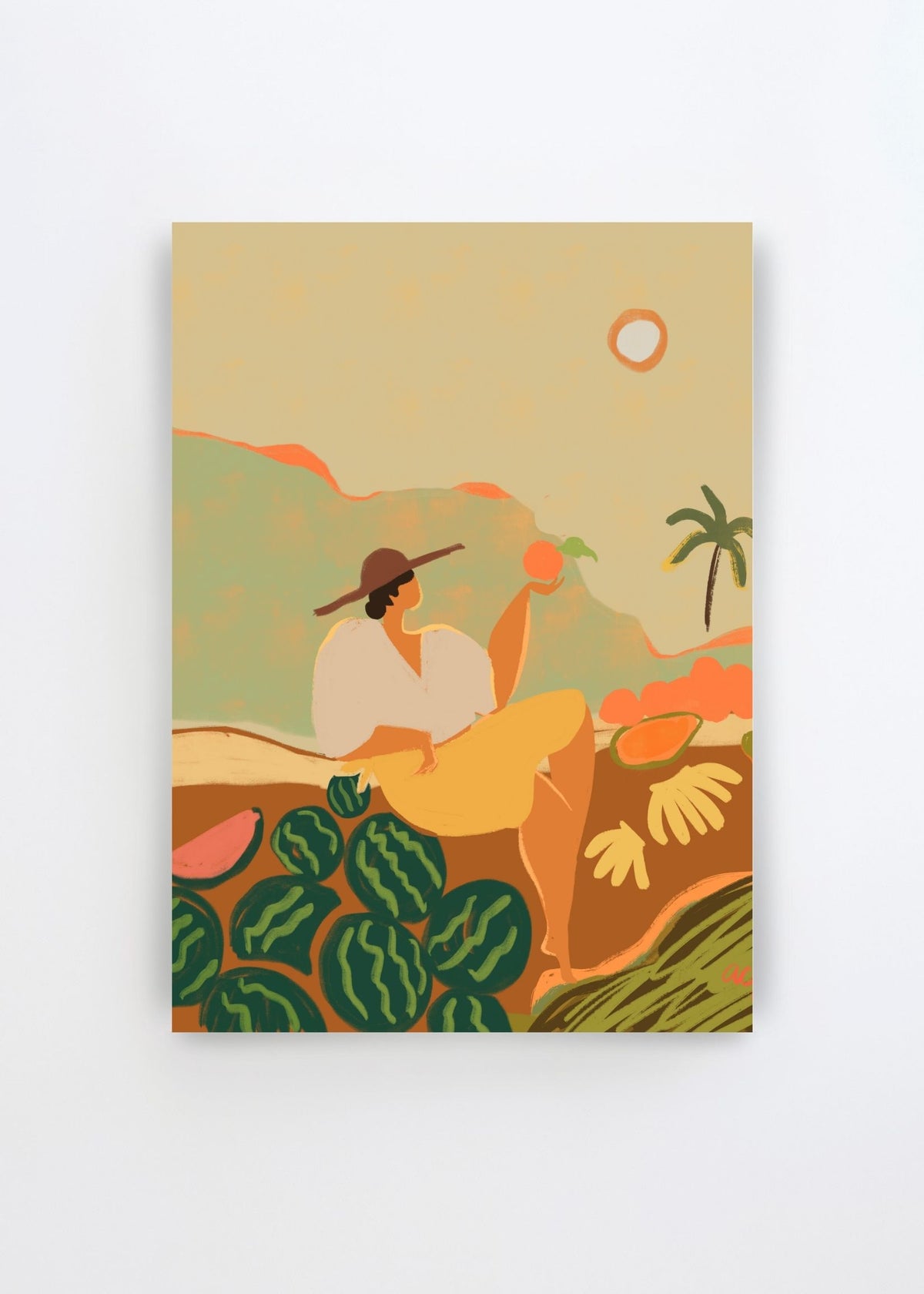 Farmer Guava by Arty Guava – colorful art poster featuring a woman with fruit and watermelons in a warm tropical landscape.