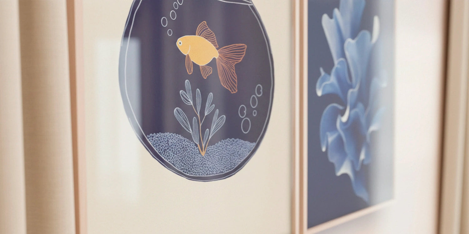 Close-up of the Fishy-shape no. 80 poster with a goldfish illustration beside a blue abstract floral artwork, both in oak frames.