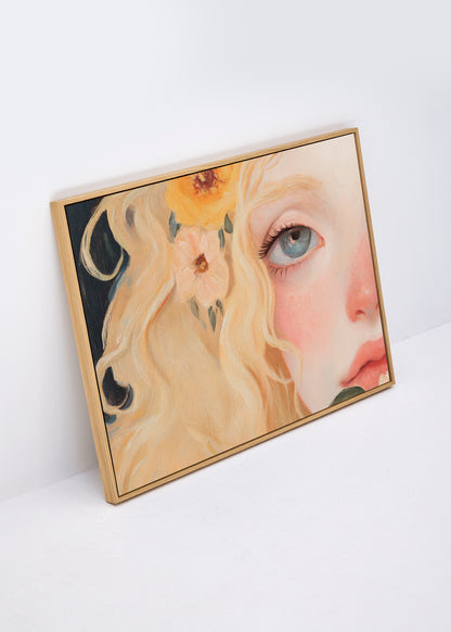 Florence canvas print – horizontal figurative artwork of a woman with blond hair, flowers, and soft pastel tones
