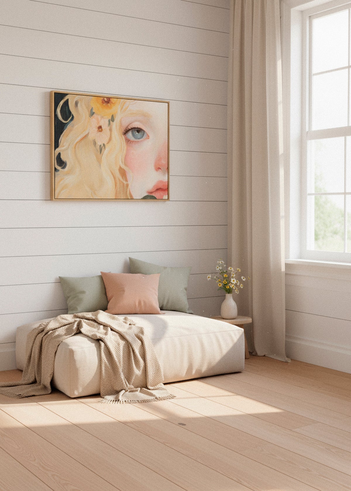 Florence canvas print styled in a bright minimal room, featuring a soft portrait with blonde curls and floral details, photographed in natural sunlight – Hello Poster.