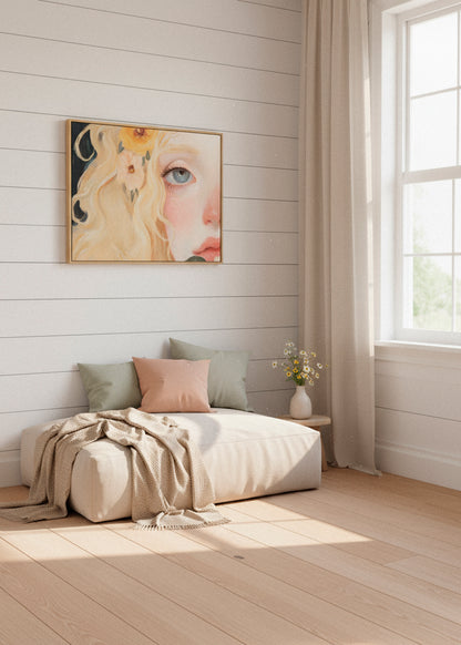 Florence canvas print styled in a bright minimal room, featuring a soft portrait with blonde curls and floral details, photographed in natural sunlight – Hello Poster.