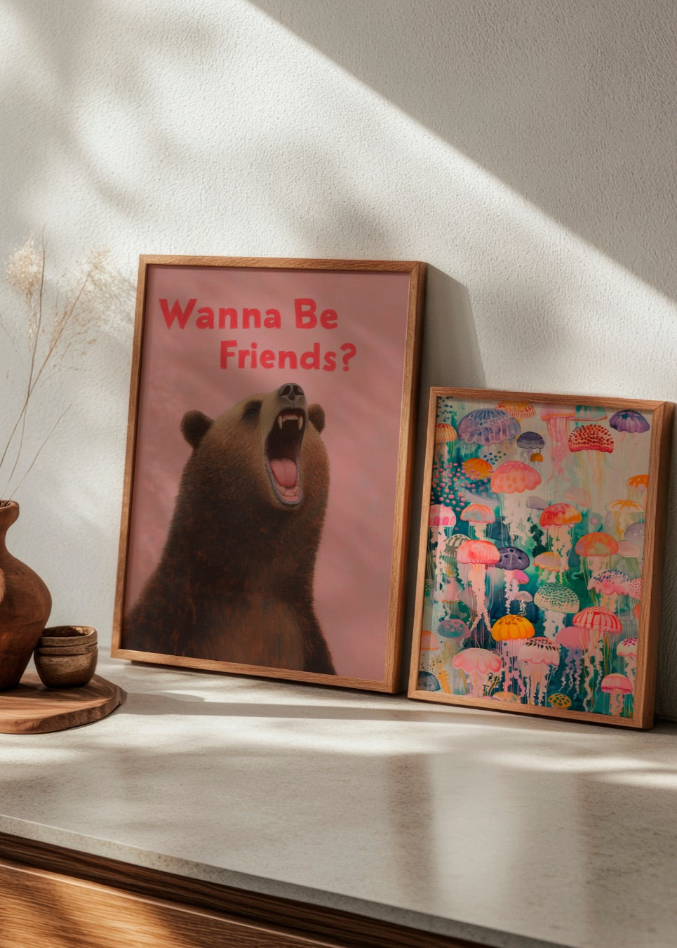 Playful art pairing of "Girl Bear" and "Under Water," featuring a bear with text and dreamy jellyfish scene, perfect for adding joy and color to kids’ spaces.