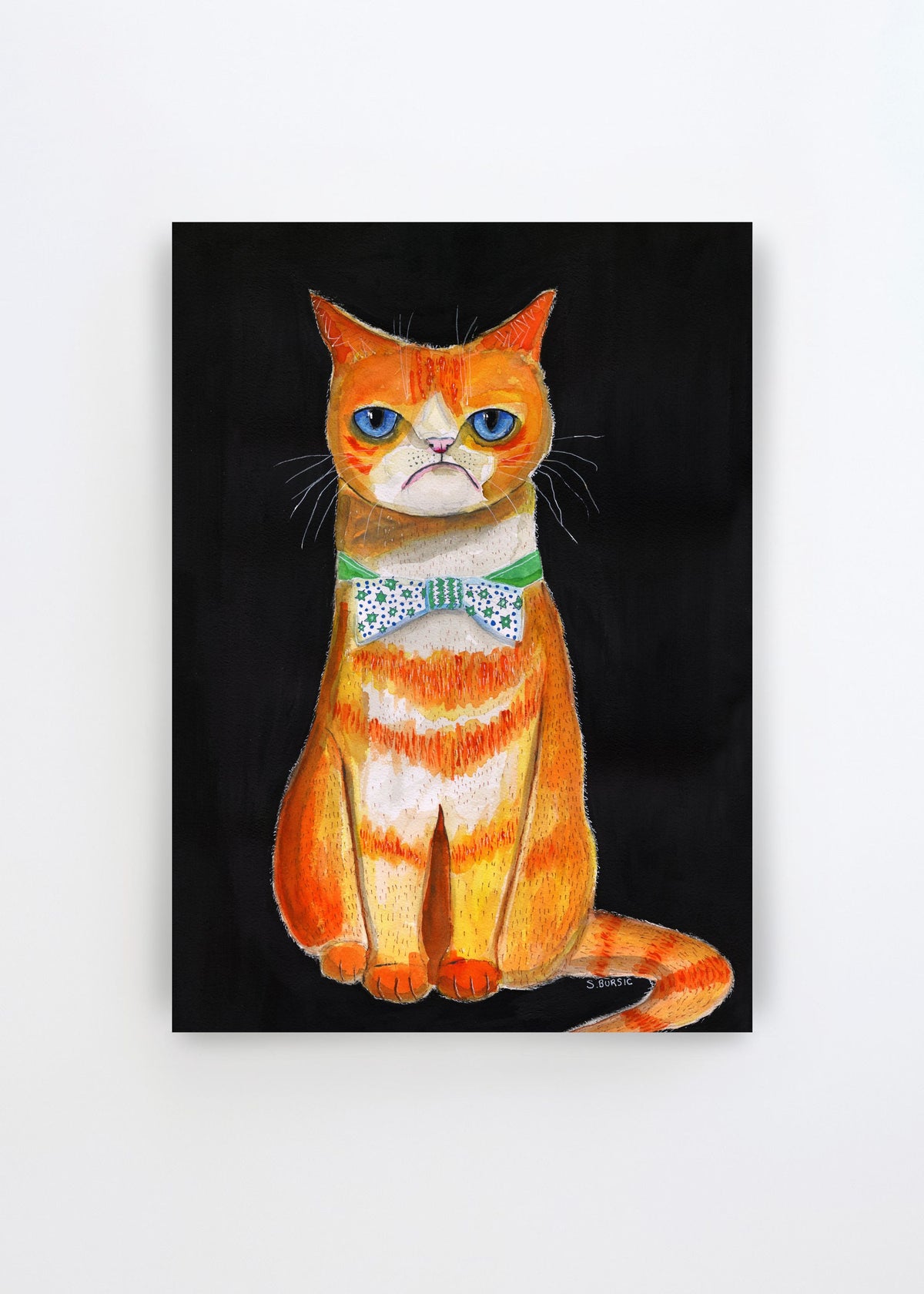 Grumpy Cat Bow Tie by Sharyn Bursic – playful art poster featuring an orange grumpy cat with blue eyes and a patterned bow tie on a black background.