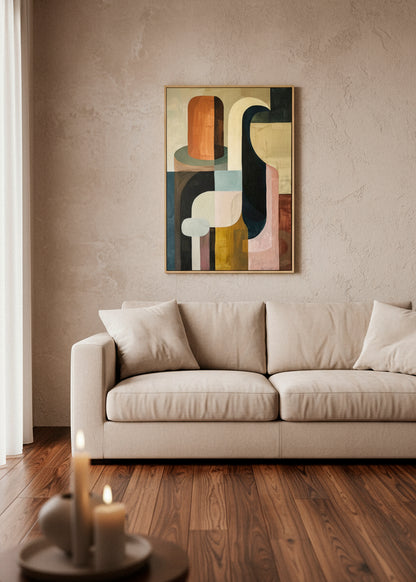 Harmonious abstract canvas art hanging above a beige sofa in a warm minimalist living room, with soft natural sunlight, wooden floors, and a neutral textured wall.