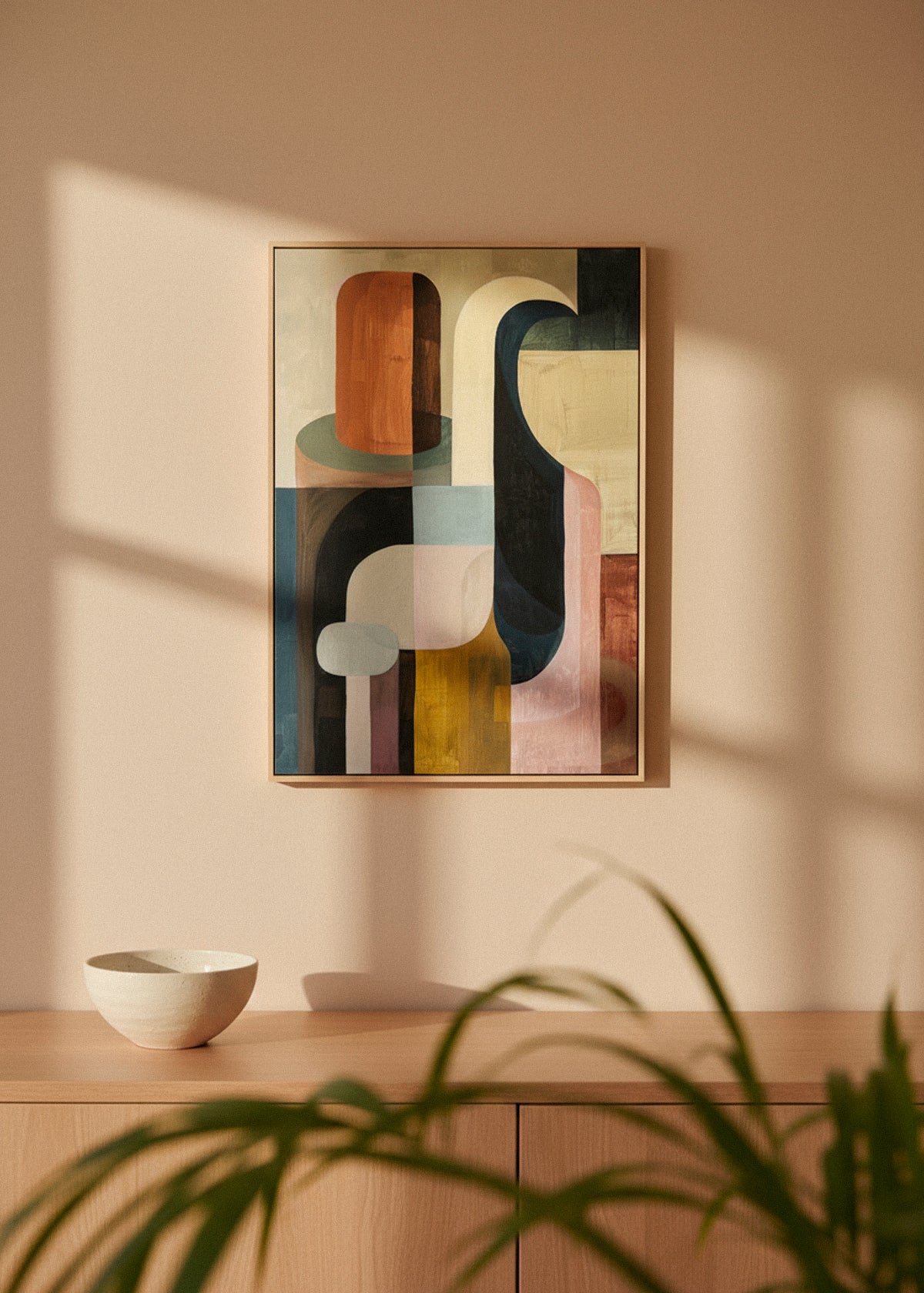 Harmonious geometric abstract canvas artwork displayed above a wooden sideboard in a sunlit beige interior, featuring warm shadows and soft earth-tone decor.