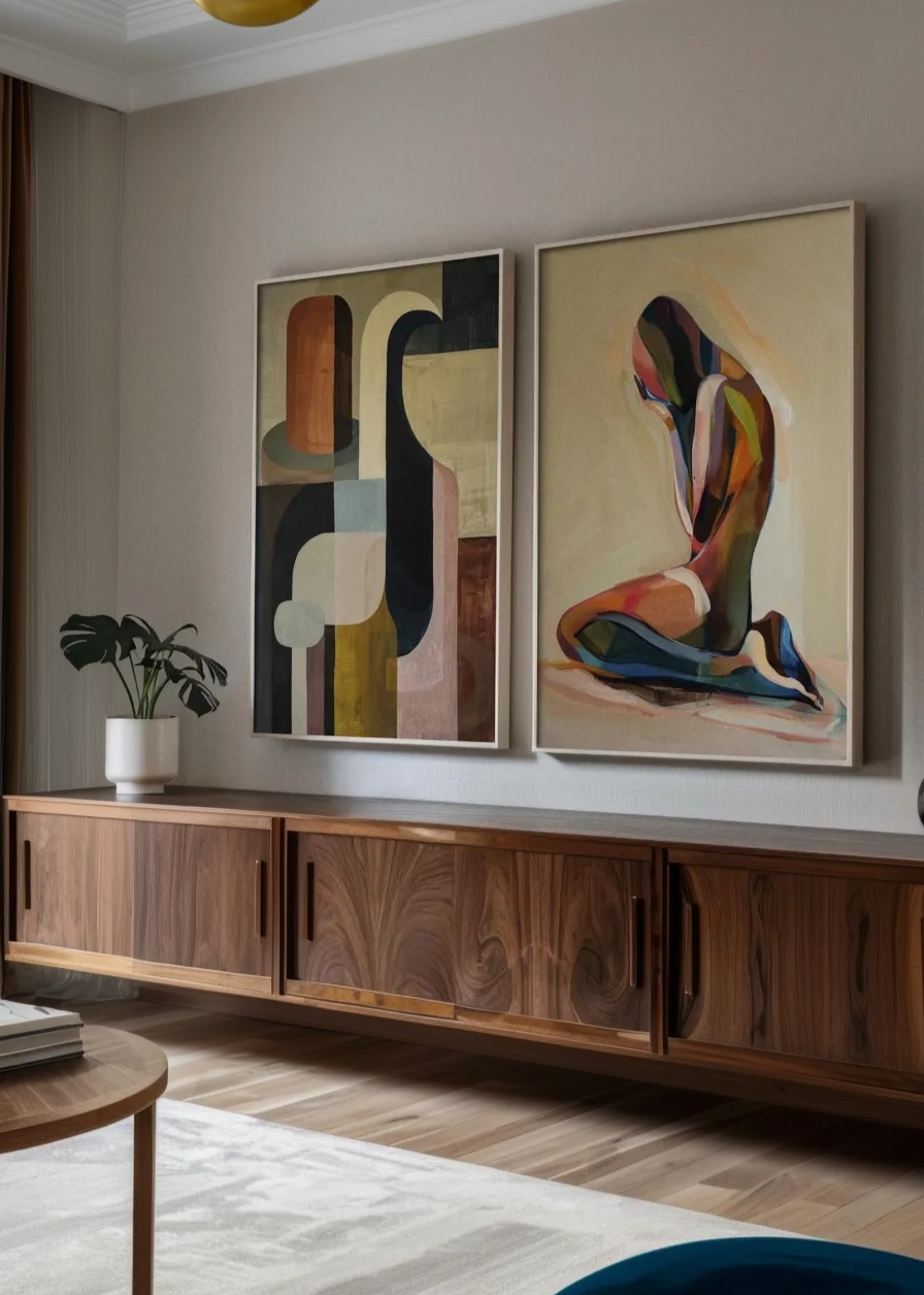 Body Color - HelloPoster - Harmonious poster styled in a living room above a wooden sideboard next to a colorful abstract figure print called Body Color– elegant and modern interior design.
