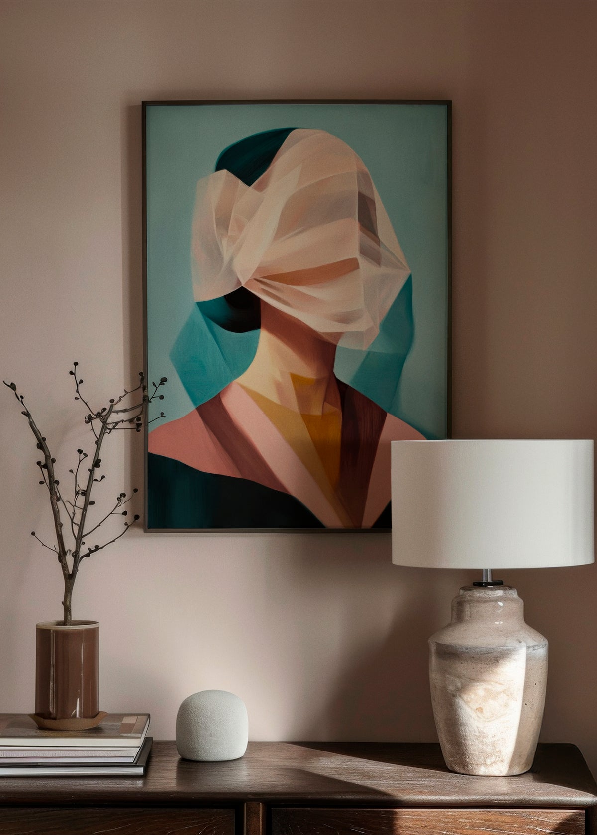 Hidden Grace - HelloPoster - Framed poster titled Hidden Grace hanging above a dresser with soft interior lighting