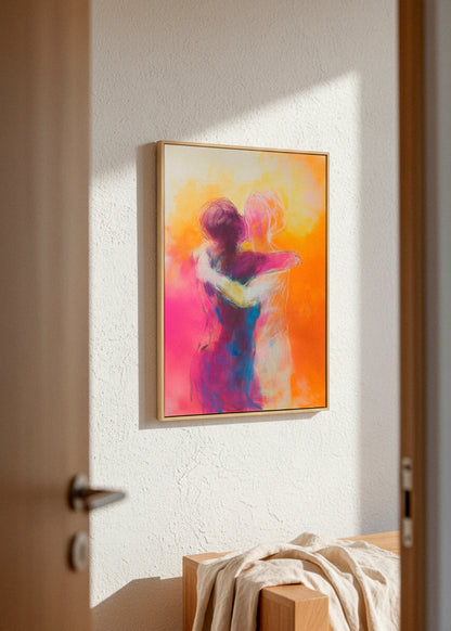 Hold Me canvas print hanging in a bright room with soft shadows — expressive abstract artwork of two figures hugging, HelloPoster.