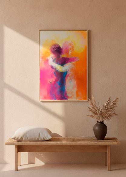 Hold Me canvas print displayed in a warm neutral interior with sunlight and a wooden bench — colourful abstract embrace artwork by HelloPoster.