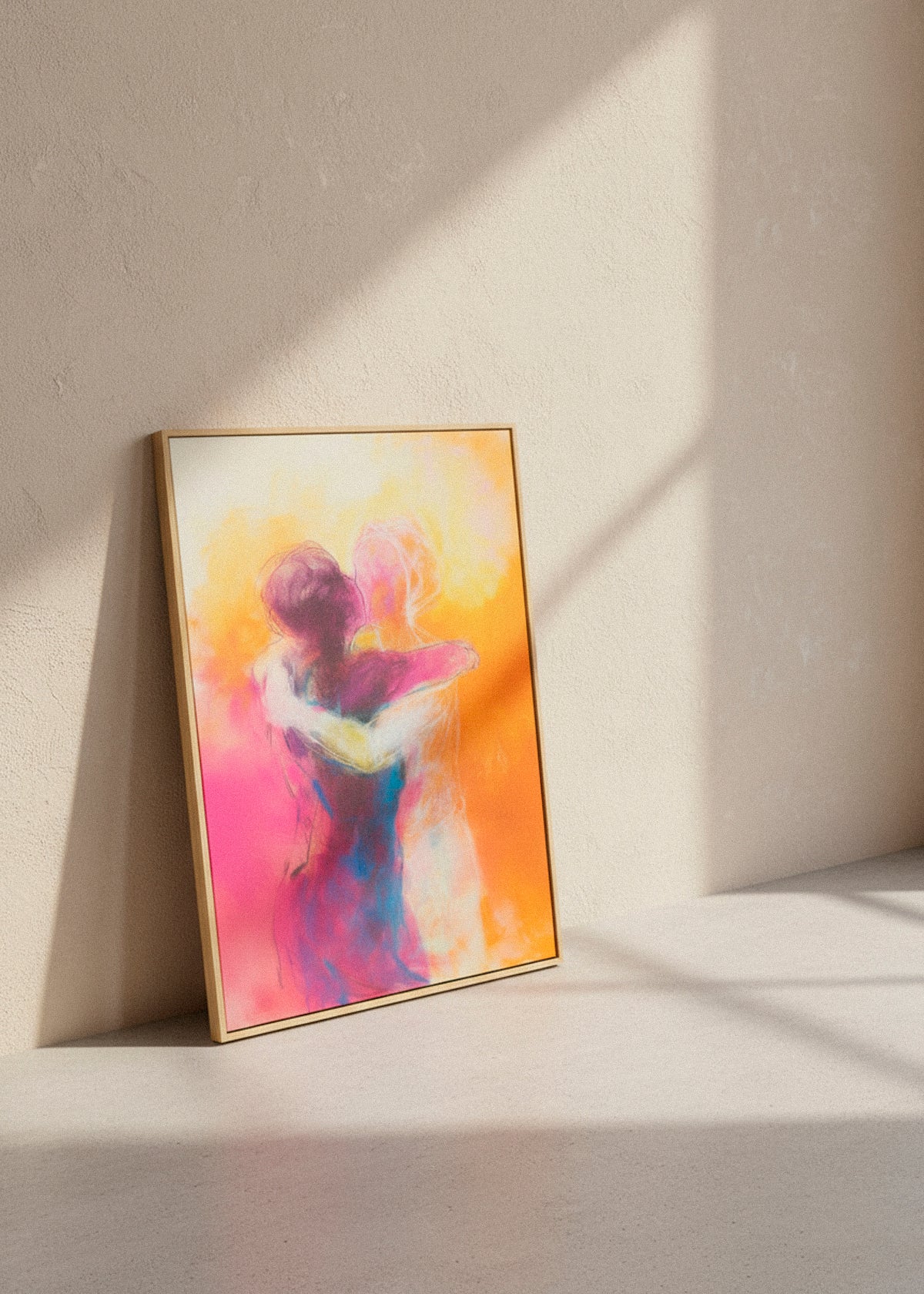 Colourful Hold Me canvas print leaning against a textured wall in soft natural light — vibrant abstract couple embracing, HelloPoster.