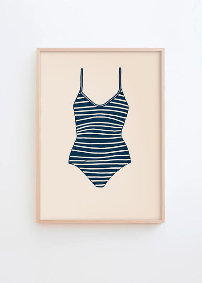 Minimalist striped swimsuit poster in navy blue on beige background, modern summer house wall art by Hello Poster