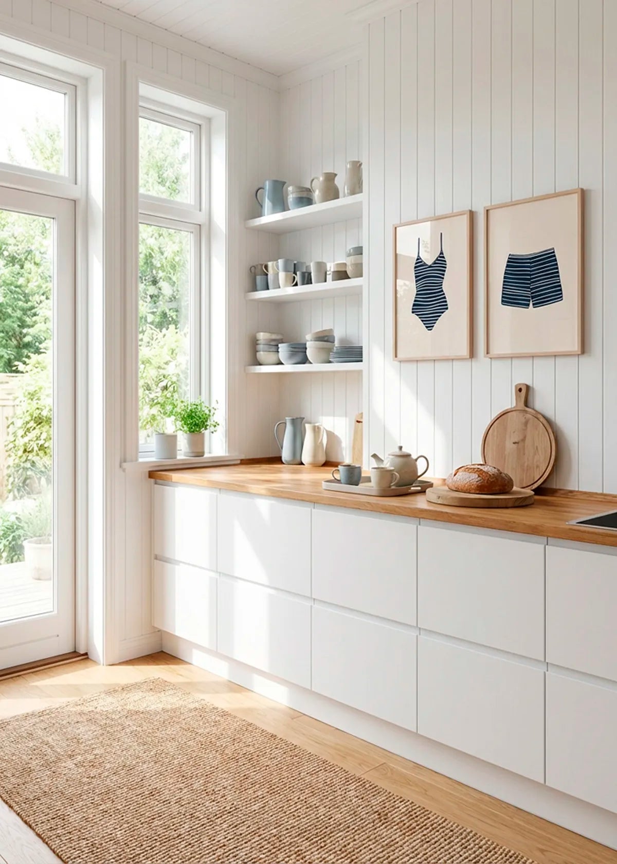 Striped swimsuit and swim shorts posters in oak frames in Nordic kitchen with natural light, summer house wall decor inspiration