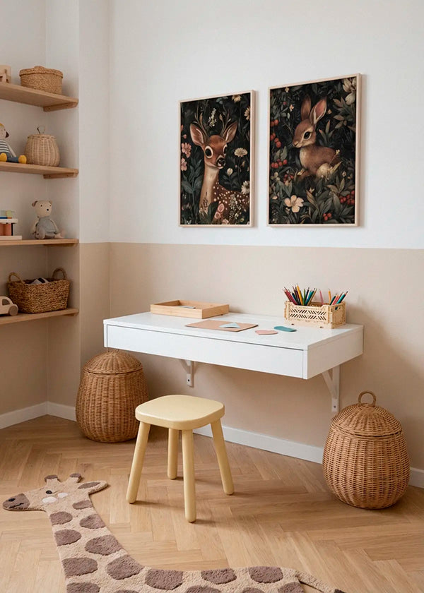 Barnposters med djur och lugna nyanser