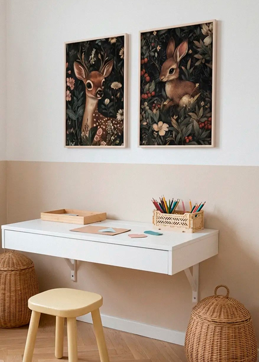 Honey Bunny and Oh Deer posters styled together in a warm Scandinavian kids room
