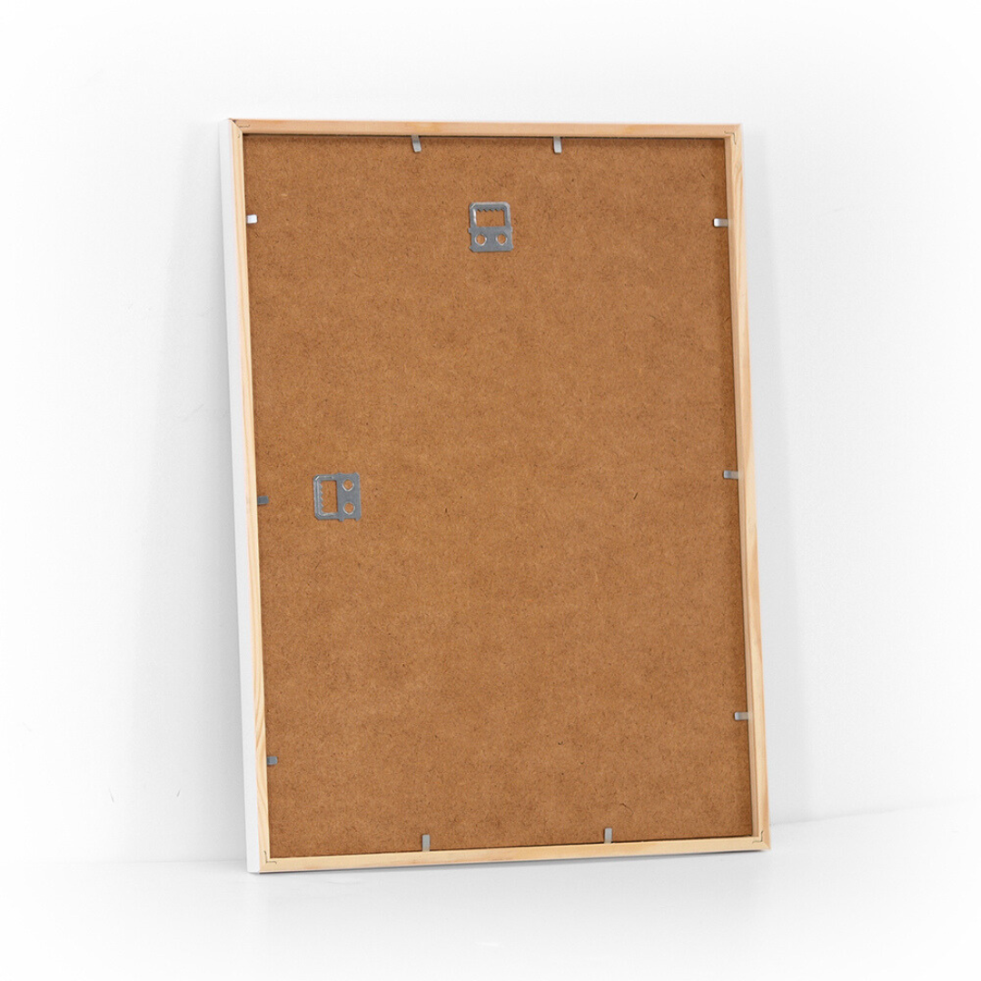 White wooden picture frame 30x40 cm – back view with MDF backing and hanging hardware