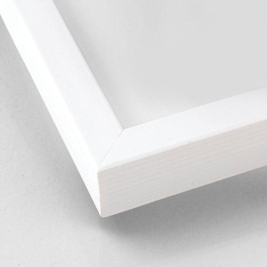 Close-up of white wooden frame corner with smooth painted finish – Nordic style.