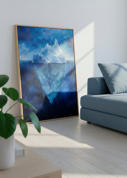Iceberg Night canvas print leaning against a white wall in a bright Scandinavian living room, blue Arctic iceberg artwork by HelloPoster.