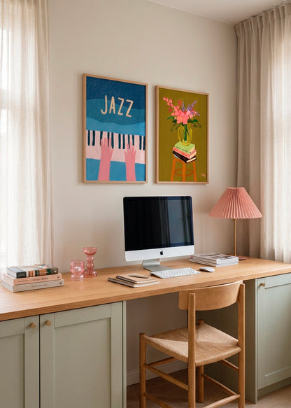 Shape No. 80 abstract blue wall art in oak frame styled above modern desk with wooden chair and blue lamp in bright Scandinavian home office.