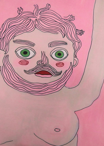 Art print titled Jerry featuring a whimsical character with raised arms on a vibrant pink background