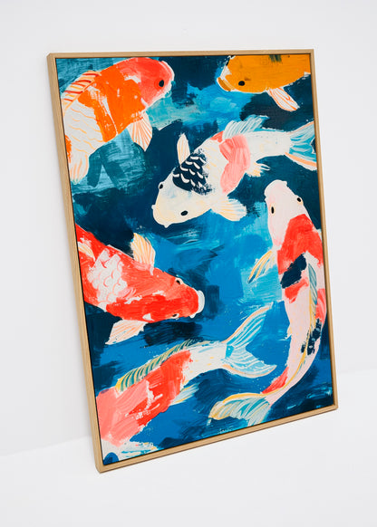 Colorful koi fish canvas print with deep blue background and vibrant orange, red, and white fish – Japanese-inspired wall art in a wooden frame.