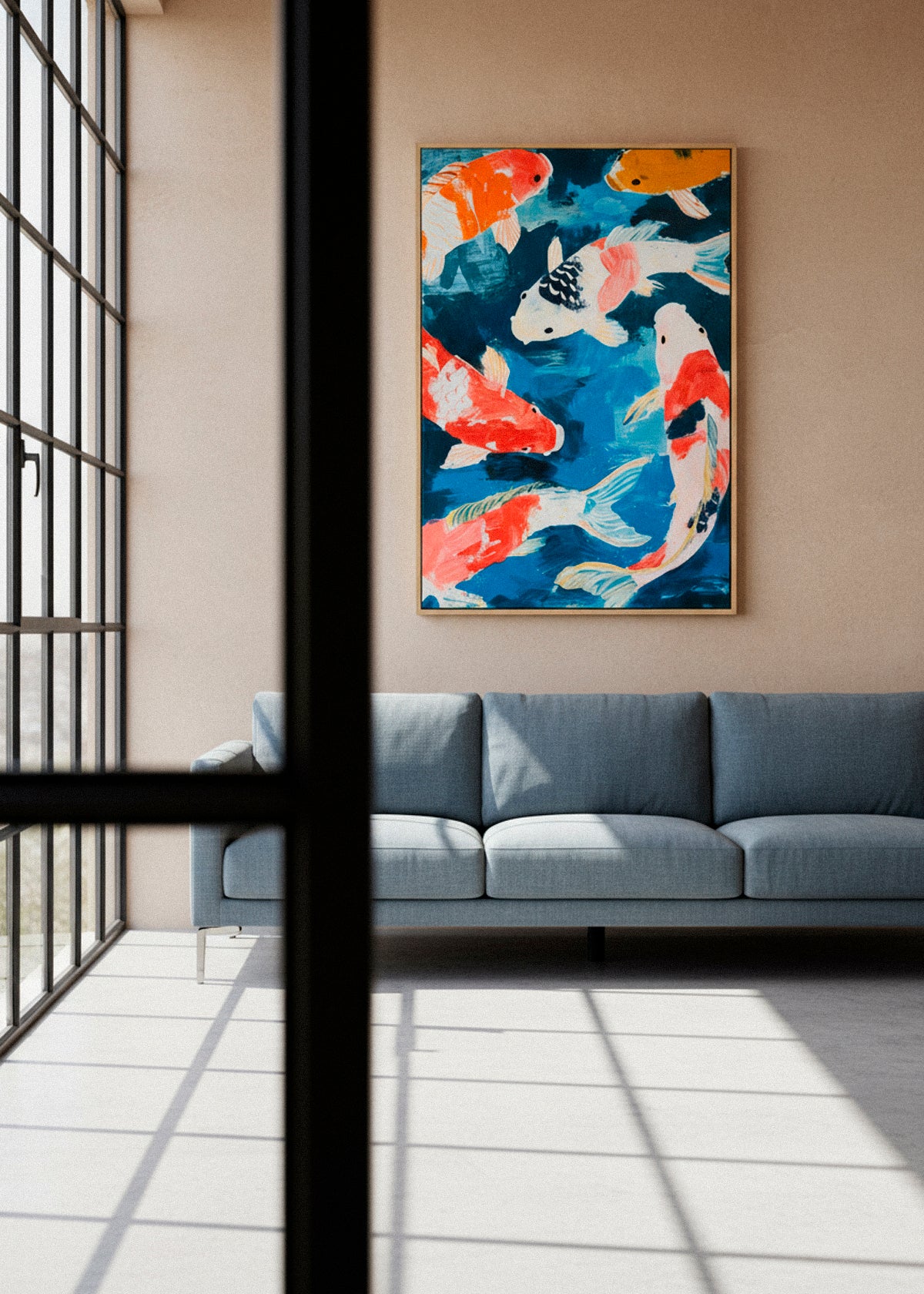 Koi fish canvas print in a modern loft interior with large windows and sunlight.