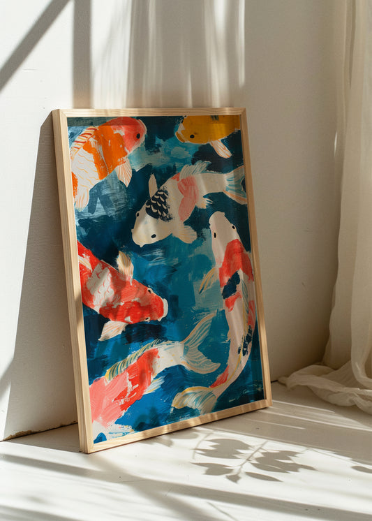 Colorful koi fish illustration poster placed on the floor in soft natural light, creating playful shadows on a white wall.
