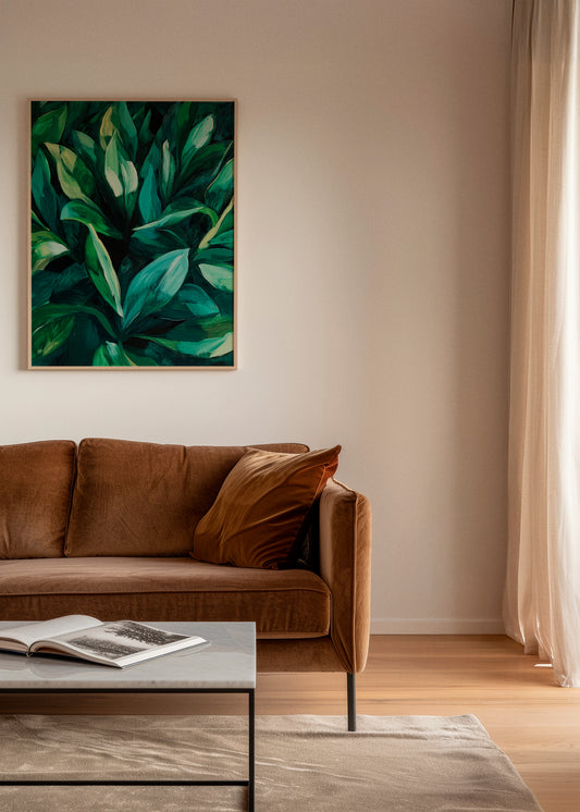 Leafs poster in a stylish living room – A nature-inspired poster with deep green leaves, enhancing the serene and modern aesthetic of a Nordic-style living space.