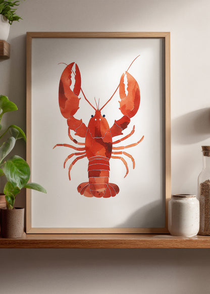 Framed Lobster Watercolor poster styled on a wooden kitchen shelf with plants and jars – vibrant red lobster art print in a cozy Nordic home interior.