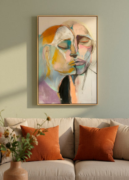Framed “Lovers” canvas print hanging on a textured wall, showcasing expressive brushstrokes in purple, blue, and ochre hues.