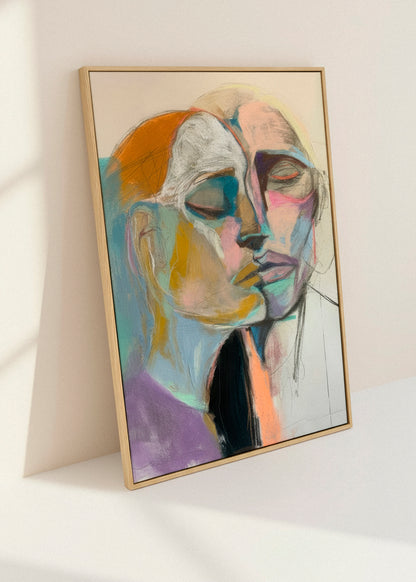 “Lovers” canvas print leaning against a bright wall, bathed in warm natural light that enhances its emotional expression.