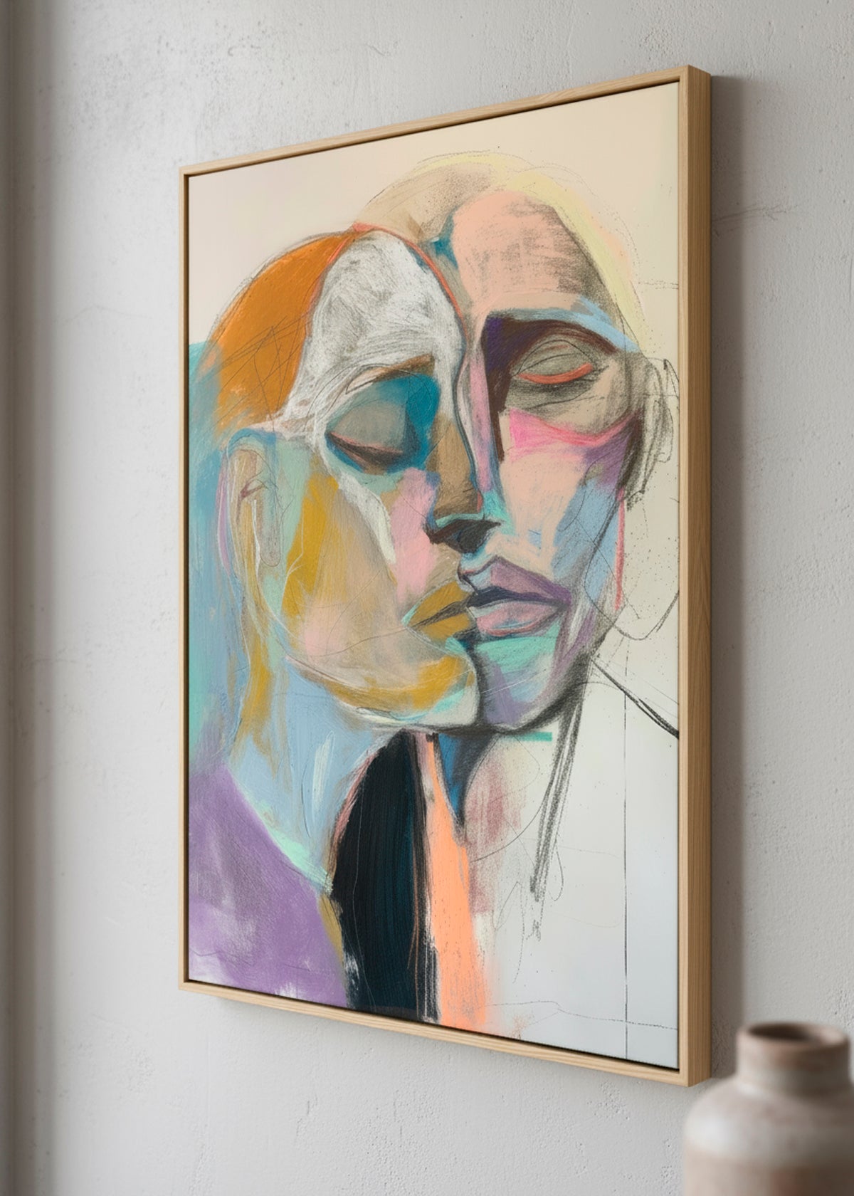 “Lovers” canvas print with intertwined faces, displayed above a light wooden table in a soft, calm interior.