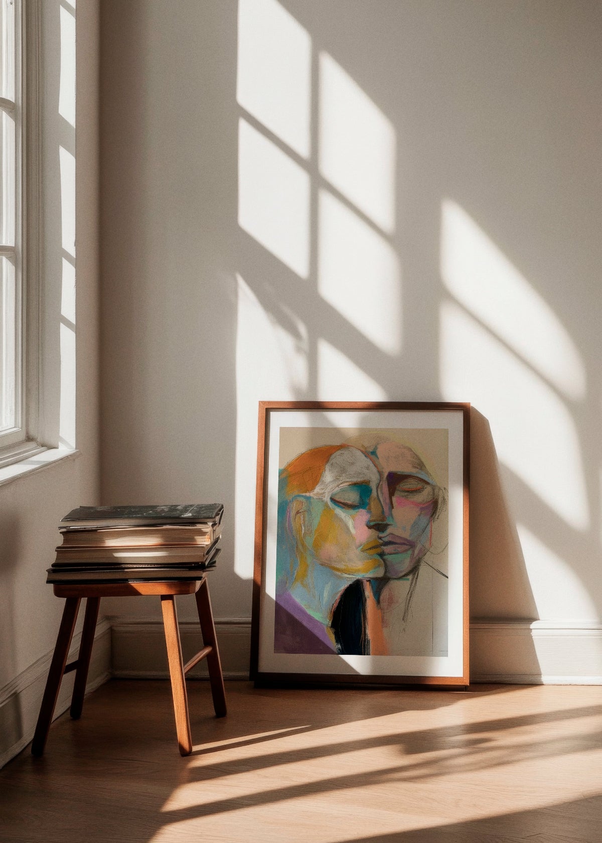 Lovers poster featuring an abstract depiction of two faces in soft, blended colors, framed in natural wood and leaning against a sunlit wall. The cozy corner includes a wooden stool stacked with books, creating a warm and serene atmosphere, perfect for modern interiors.