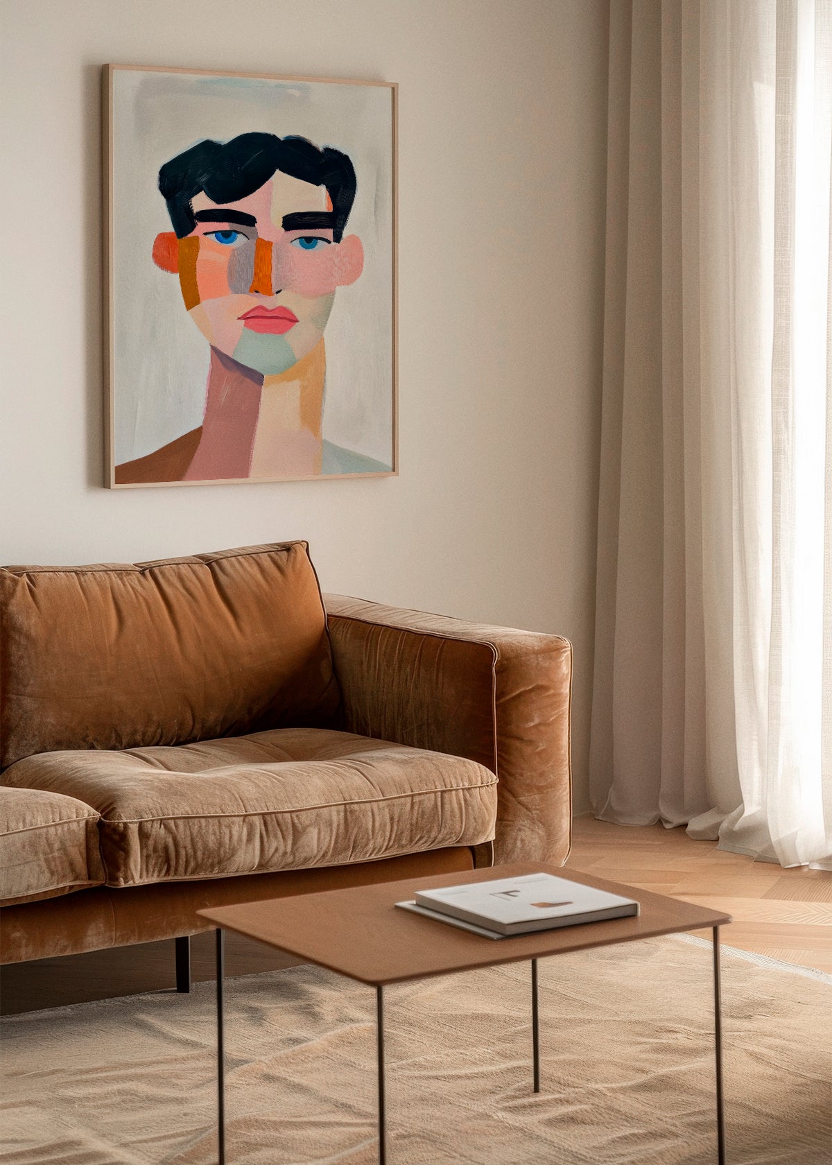 Male portrait poster in a minimalist living room – A unique abstract portrait poster, bringing artistic expression and contemporary style to a Scandinavian home interior.