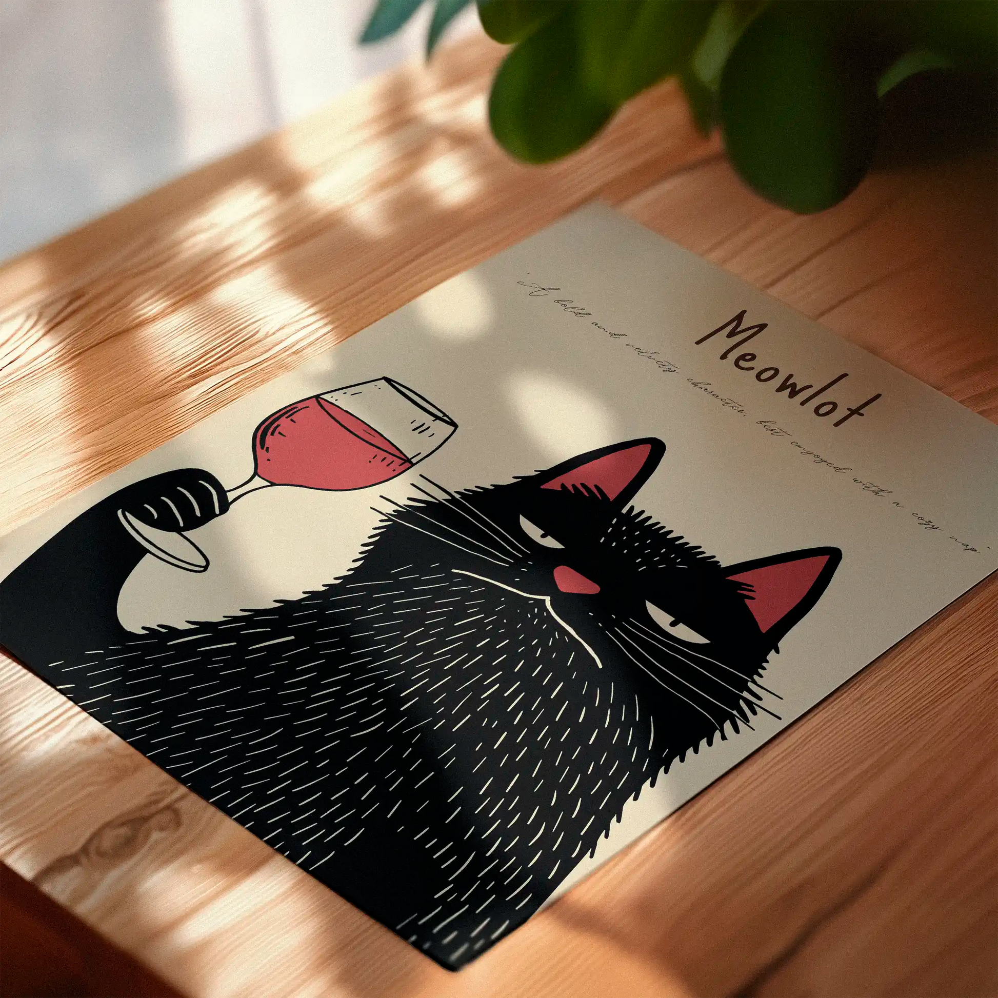 The Meowlot wine-cat poster displayed on a wooden surface in soft daylight, showcasing the matte print finish and bold illustration style.