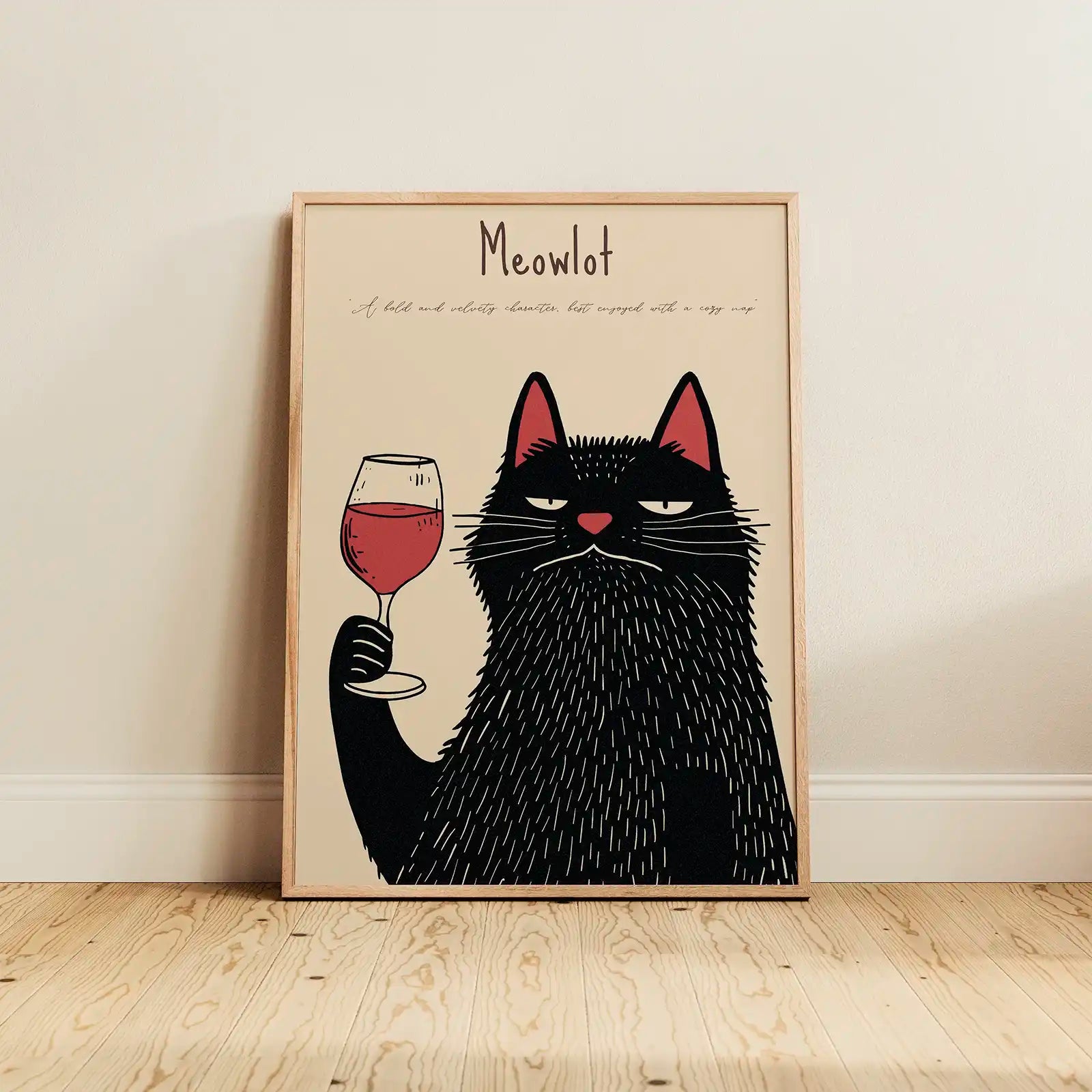 Framed Meowlot cat poster leaning against a white wall on a wooden floor, captured in soft natural light.