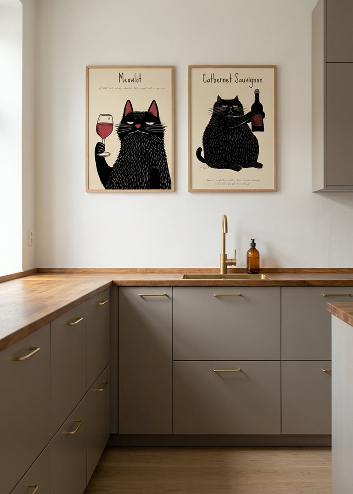 Meowlot and Cabernet Sauvignon posters styled side by side on a kitchen wall with a warm, modern expression