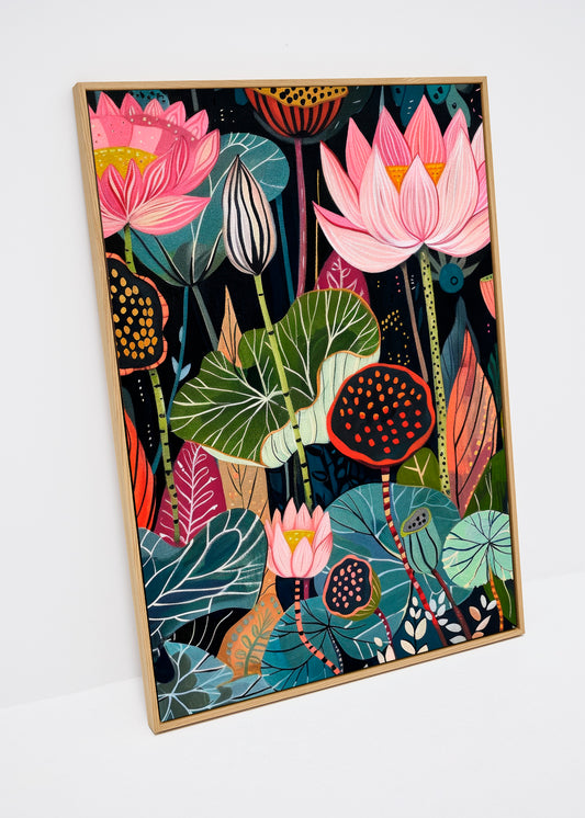 Midnight Flower canvas print – botanical artwork with pink lotus flowers, green leaves, and dark background