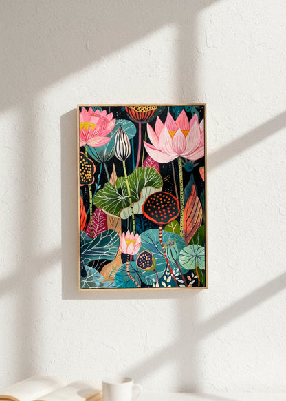 Close-up of the “Midnightflower” canvas showing bold floral shapes in pink, orange, and green, printed on matte textured canvas with a wooden frame.