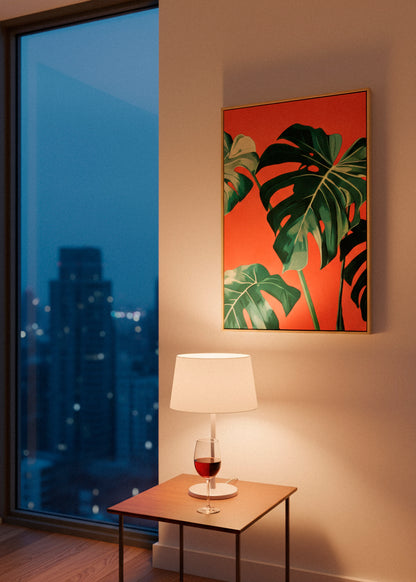 “Monstera” canvas print featuring large green leaves on a coral background, illuminated by warm evening light in a modern apartment.