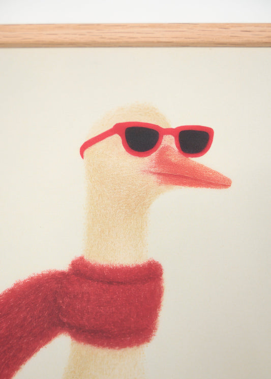 Detail of the Mood poster showing a cool bird wearing red sunglasses and a matching red scarf, in a soft, playful illustration style.